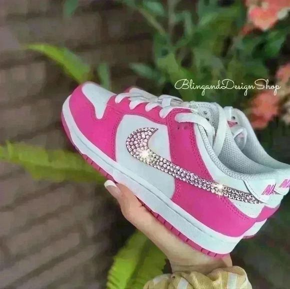 Swarovski Nike Dunk Low Pink Girls Kids Sneakers Shoes made with Clear Crystals - Picture 5 of 6